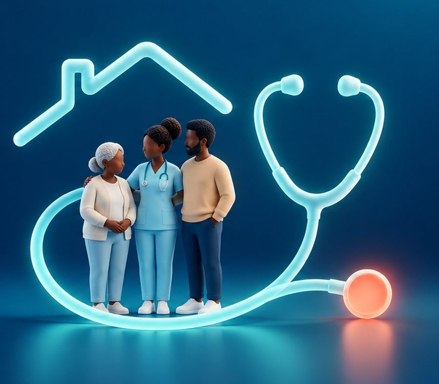 Une personne âgée, une infirmière et un proche réunis sous une maison stylisée et un stéthoscope lumineux.