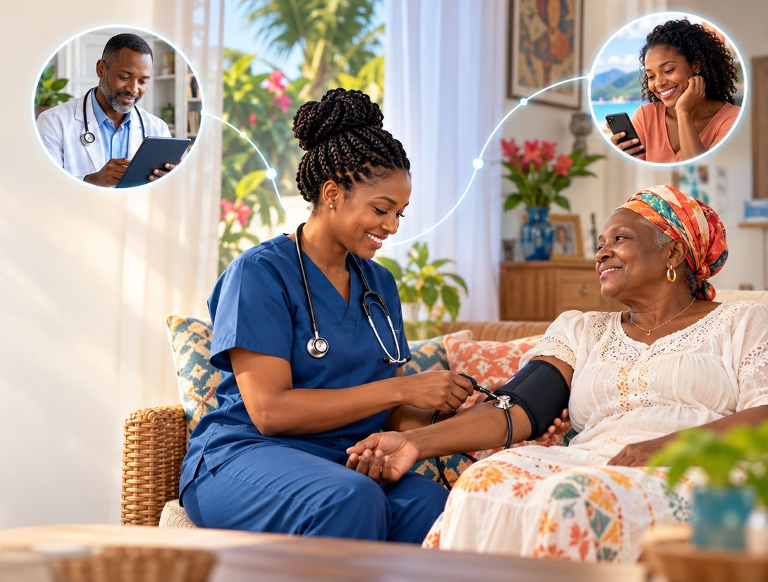 Une infirmière prend la tension d'une femme âgée à son domicile ; le médecin et un proche de la diaspora suivent la visite.